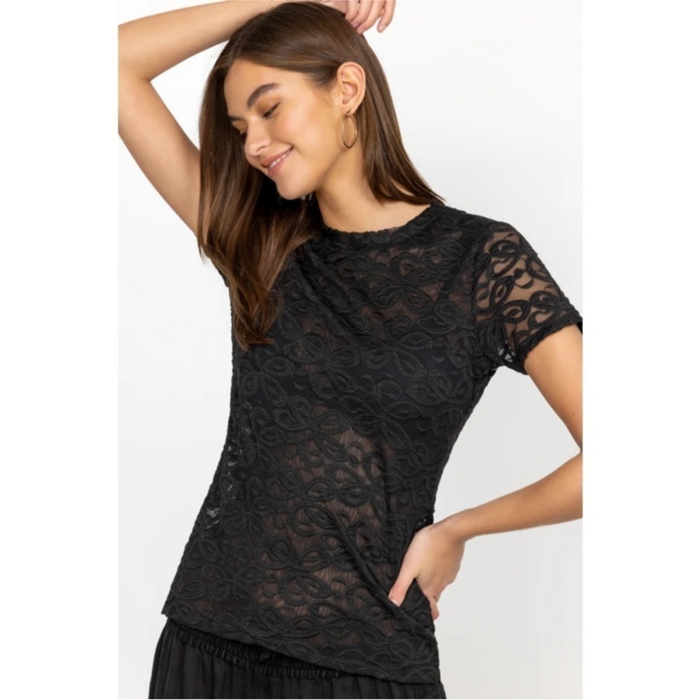 New Johnny Was Jade Astrid Short Sleeve Lace Embroidered Sheer Black Mesh Shirt
